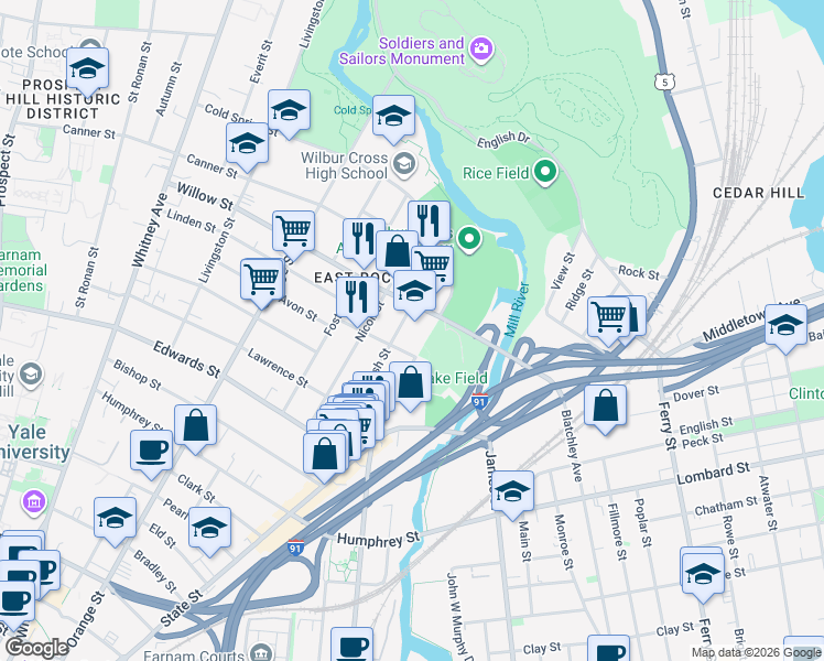 map of restaurants, bars, coffee shops, grocery stores, and more near 133 Nash Street in New Haven