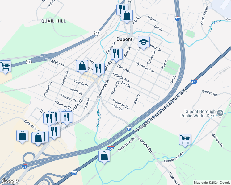 map of restaurants, bars, coffee shops, grocery stores, and more near 7 Hemlock St in Dupont