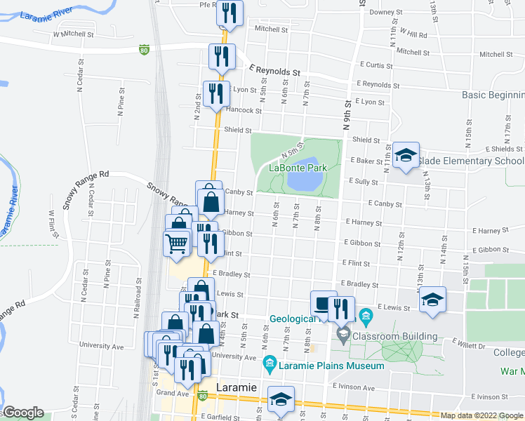 map of restaurants, bars, coffee shops, grocery stores, and more near 509 East Harney Street in Laramie