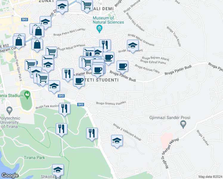 map of restaurants, bars, coffee shops, grocery stores, and more near Rruga Arben Broci in Tirana
