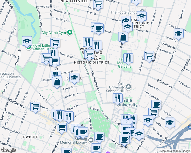 map of restaurants, bars, coffee shops, grocery stores, and more near 26 Woodland Street in New Haven