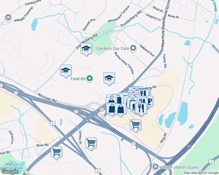 map of restaurants, bars, coffee shops, grocery stores, and more near 45 New York 32 in Woodbury