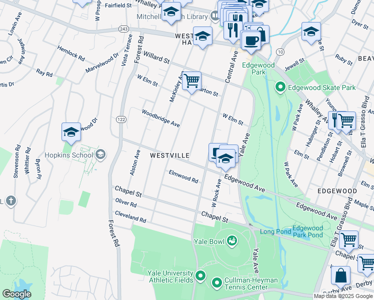 map of restaurants, bars, coffee shops, grocery stores, and more near 26 Marvel Road in New Haven