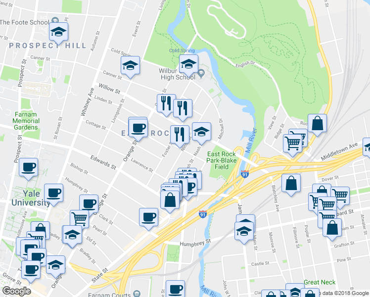 map of restaurants, bars, coffee shops, grocery stores, and more near 163 Nicoll Street in New Haven
