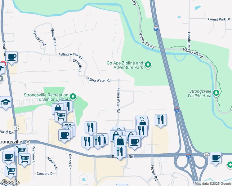 map of restaurants, bars, coffee shops, grocery stores, and more near 13014 Falling Water Road in Strongsville