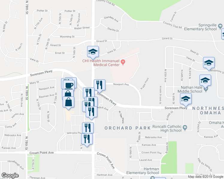map of restaurants, bars, coffee shops, grocery stores, and more near 7101 Newport Avenue in Omaha