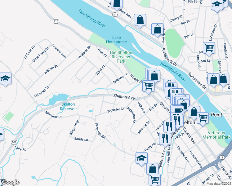 map of restaurants, bars, coffee shops, grocery stores, and more near 5 Wooster Terrace in Shelton