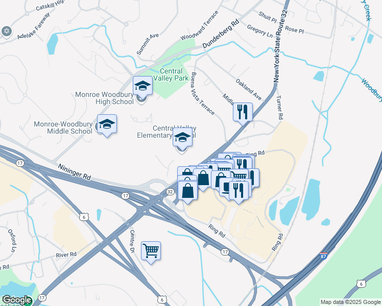 map of restaurants, bars, coffee shops, grocery stores, and more near 45 New York 32 in Woodbury