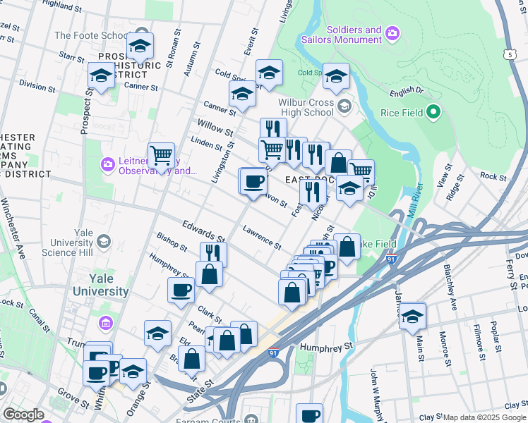 map of restaurants, bars, coffee shops, grocery stores, and more near 35 Cottage Street in New Haven