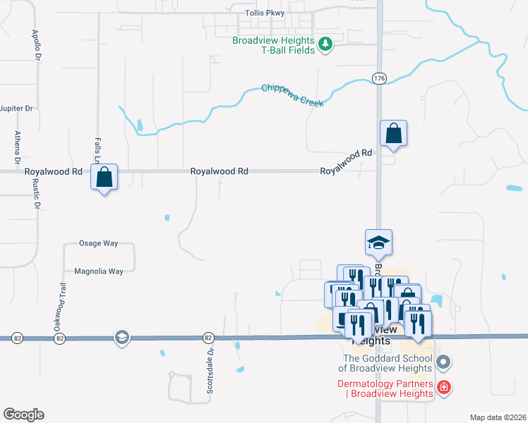 map of restaurants, bars, coffee shops, grocery stores, and more near 1643 Royalwood Road in Broadview Heights