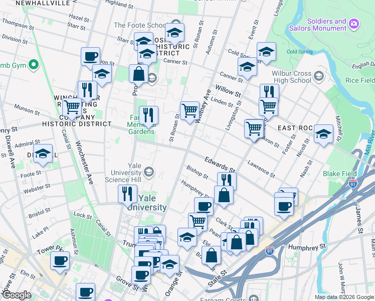 map of restaurants, bars, coffee shops, grocery stores, and more near Whitney Ave & Edwards St in New Haven