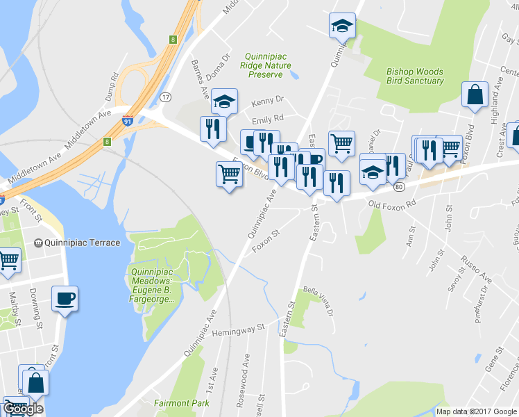 map of restaurants, bars, coffee shops, grocery stores, and more near 1175 Quinnipiac Avenue in New Haven