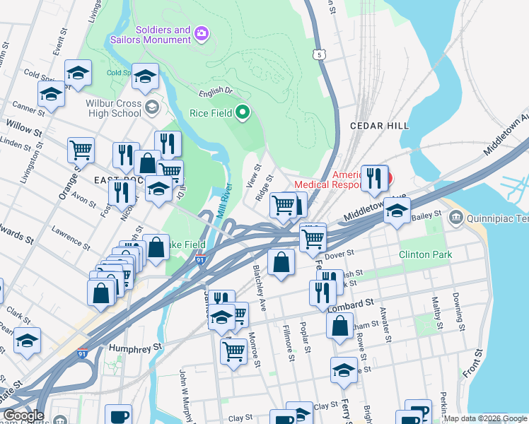 map of restaurants, bars, coffee shops, grocery stores, and more near 48 Warren Place in New Haven
