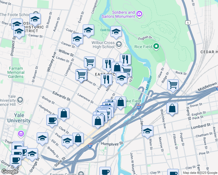 map of restaurants, bars, coffee shops, grocery stores, and more near 130 Eagle Street in New Haven
