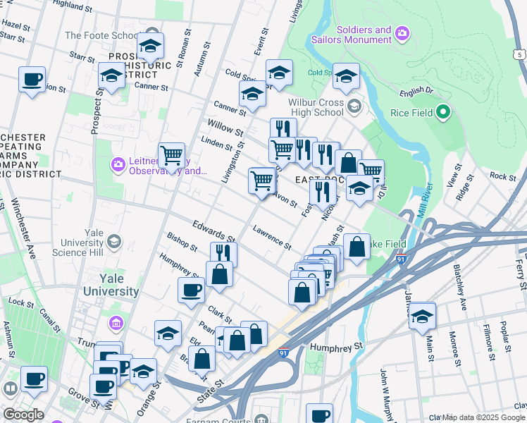 map of restaurants, bars, coffee shops, grocery stores, and more near 685 Orange Street in New Haven