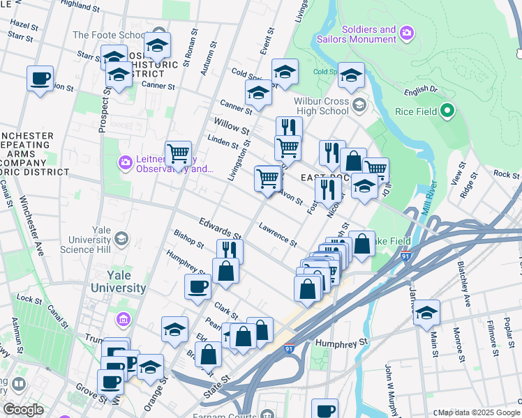 map of restaurants, bars, coffee shops, grocery stores, and more near 685 Orange Street in New Haven