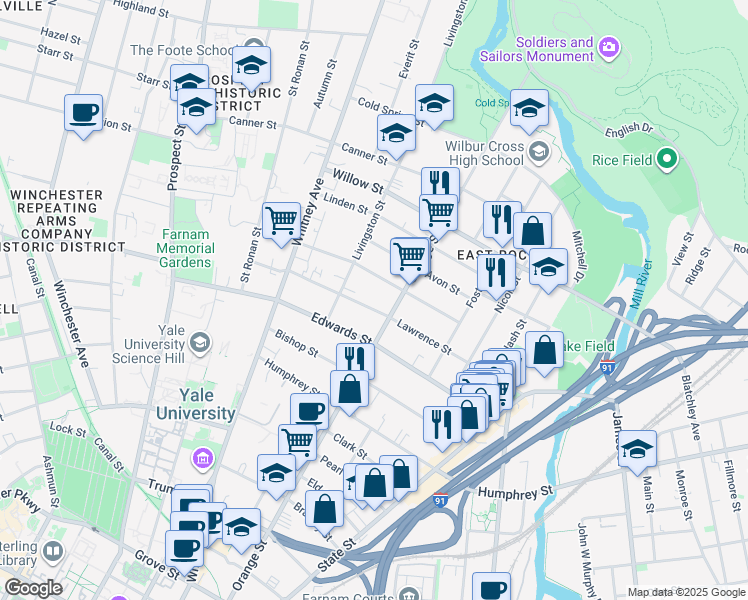 map of restaurants, bars, coffee shops, grocery stores, and more near 178 Lawrence Street in New Haven