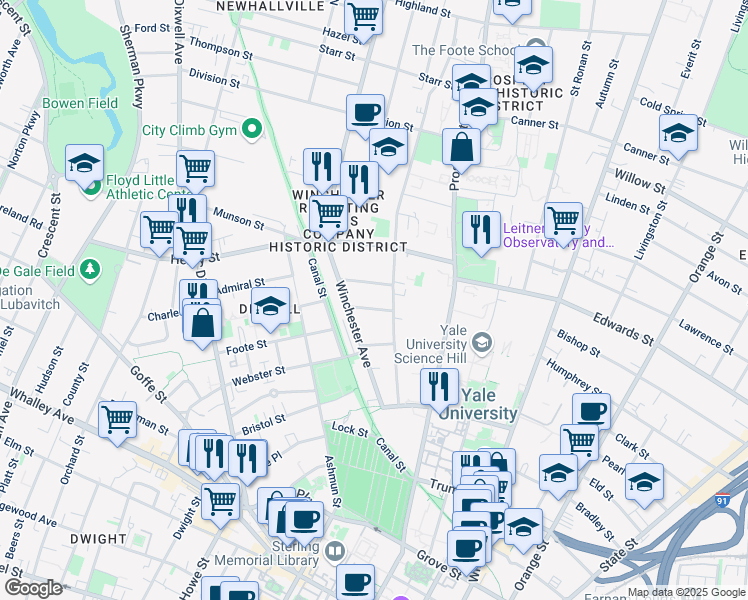 map of restaurants, bars, coffee shops, grocery stores, and more near 26 Woodland Street in New Haven