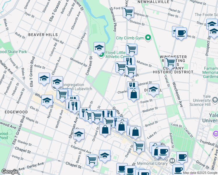 map of restaurants, bars, coffee shops, grocery stores, and more near 658 Orchard Street in New Haven