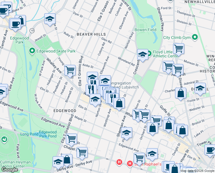 map of restaurants, bars, coffee shops, grocery stores, and more near 287 Norton Street in New Haven