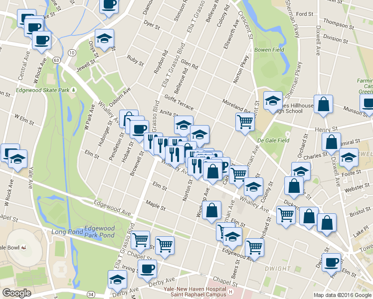 map of restaurants, bars, coffee shops, grocery stores, and more near 333 Ellsworth Avenue in New Haven