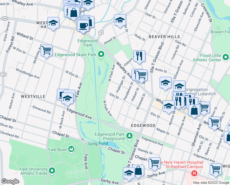 map of restaurants, bars, coffee shops, grocery stores, and more near 971 Elm Street in New Haven