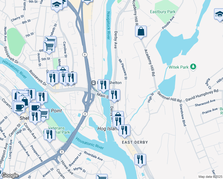 map of restaurants, bars, coffee shops, grocery stores, and more near 5 Main Street in Derby
