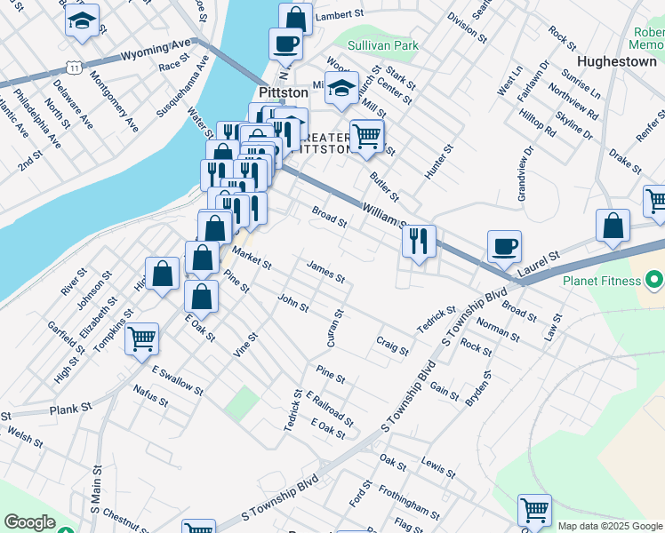 map of restaurants, bars, coffee shops, grocery stores, and more near 13-15 James Street in Pittston