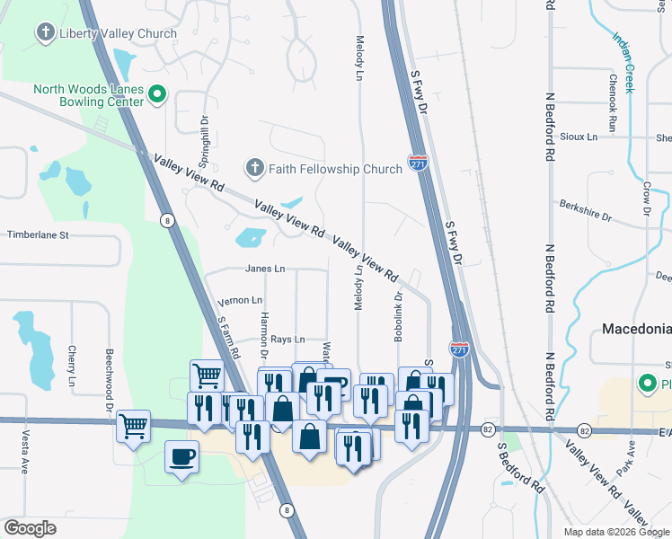 map of restaurants, bars, coffee shops, grocery stores, and more near 8399 Waters Drive in Macedonia