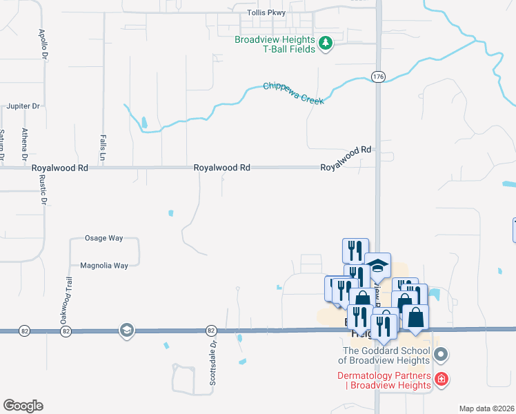 map of restaurants, bars, coffee shops, grocery stores, and more near 1643 Royalwood Road in Broadview Heights