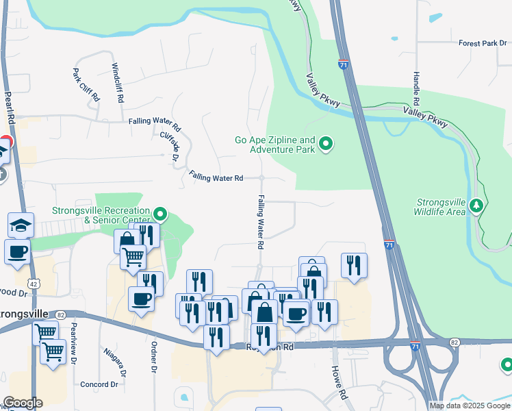 map of restaurants, bars, coffee shops, grocery stores, and more near 13014 Falling Water Road in Strongsville