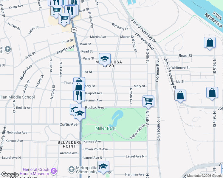 map of restaurants, bars, coffee shops, grocery stores, and more near 6616 Minne Lusa Boulevard in Omaha