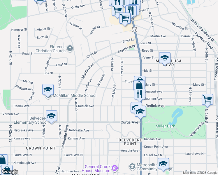 map of restaurants, bars, coffee shops, grocery stores, and more near 6540 North 32nd Street in Omaha