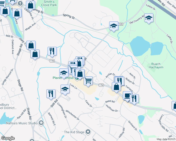 map of restaurants, bars, coffee shops, grocery stores, and more near 2 Vista Lane in Monroe