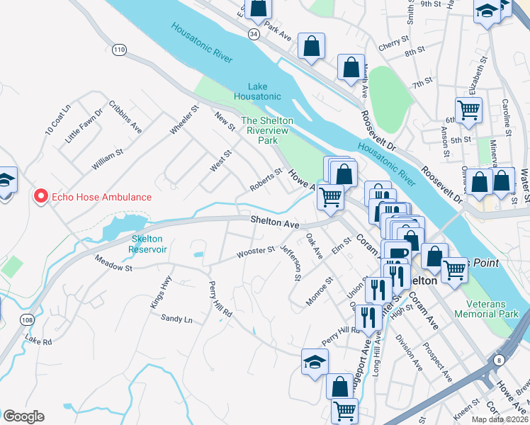 map of restaurants, bars, coffee shops, grocery stores, and more near 5 Wooster Terrace in Shelton