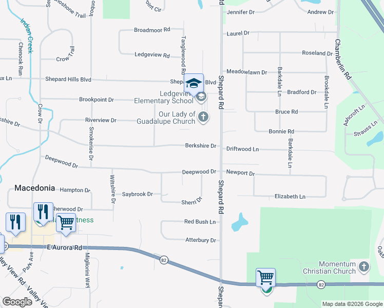 map of restaurants, bars, coffee shops, grocery stores, and more near 1289 Deepwood Drive in Macedonia
