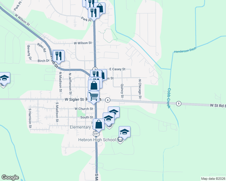 map of restaurants, bars, coffee shops, grocery stores, and more near 207 East Sigler Street in Hebron