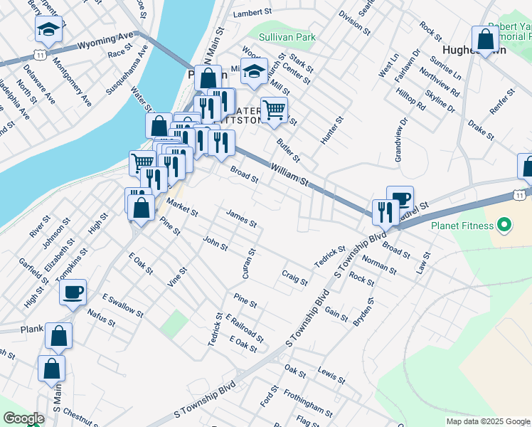map of restaurants, bars, coffee shops, grocery stores, and more near 4 Oconnell Street in Pittston