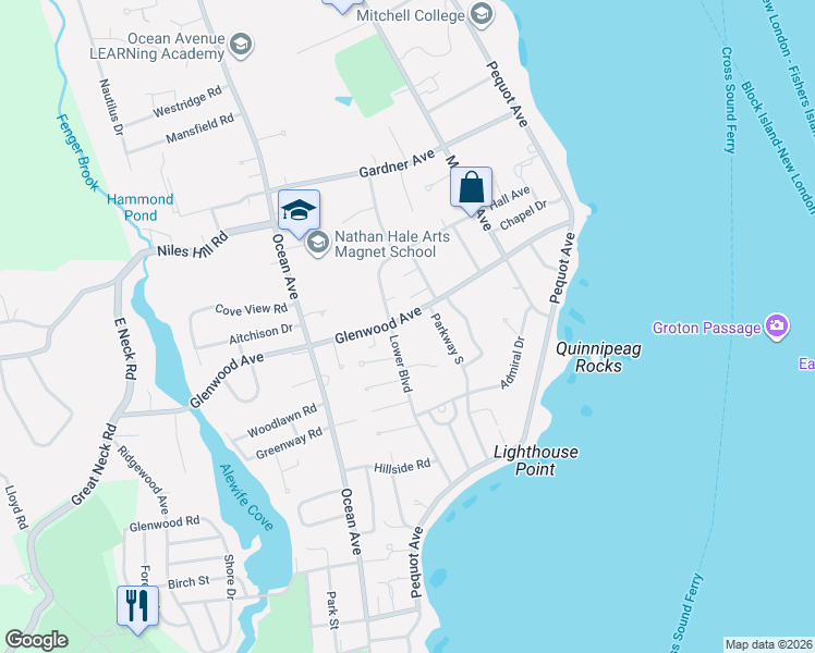 map of restaurants, bars, coffee shops, grocery stores, and more near 112 Parkway North in New London