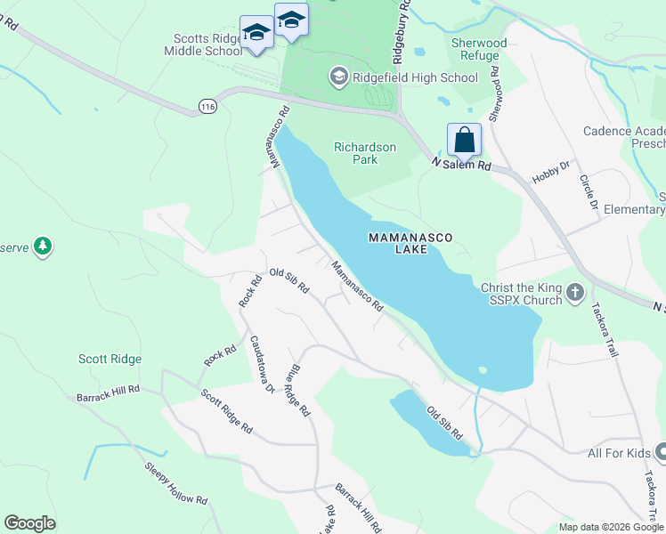 map of restaurants, bars, coffee shops, grocery stores, and more near 260 Old Sib Road in Ridgefield