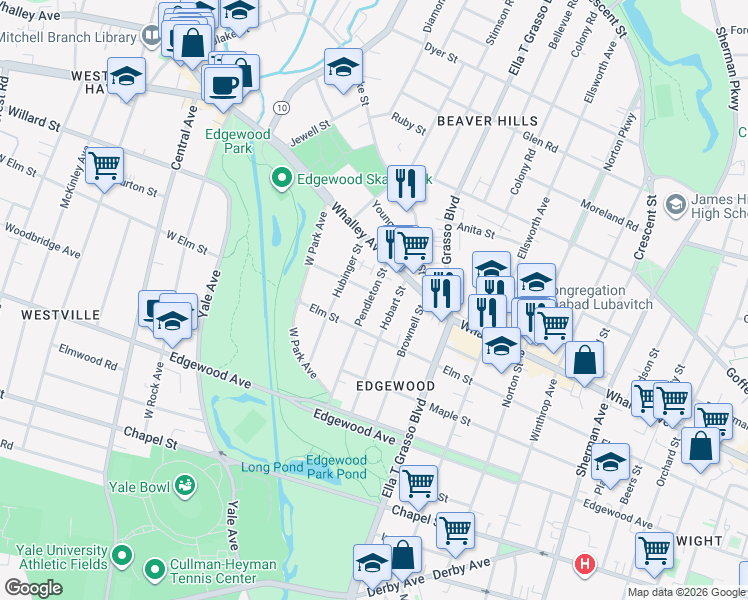 map of restaurants, bars, coffee shops, grocery stores, and more near 97 Pendleton Street in New Haven