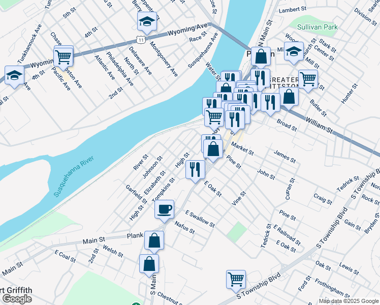 map of restaurants, bars, coffee shops, grocery stores, and more near 44 Tompkins Street in Pittston