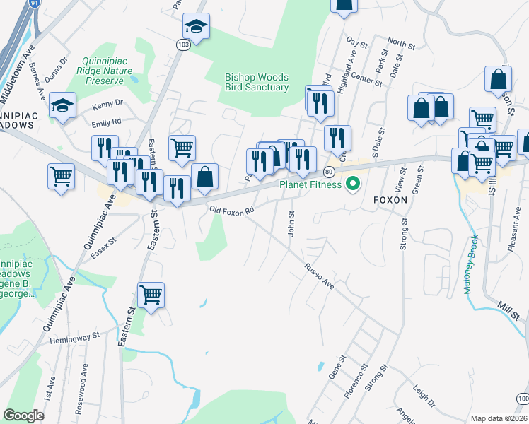 map of restaurants, bars, coffee shops, grocery stores, and more near 56 Ann Street in East Haven