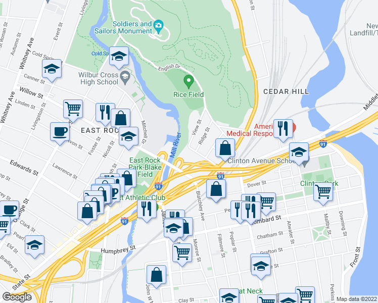 map of restaurants, bars, coffee shops, grocery stores, and more near 48 Warren Place in New Haven