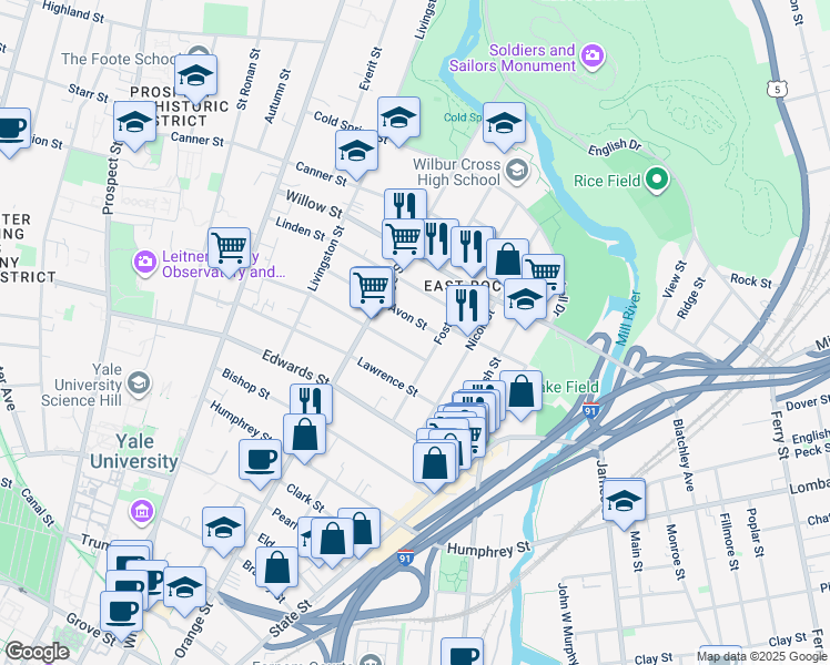 map of restaurants, bars, coffee shops, grocery stores, and more near 20 Cottage Street in New Haven
