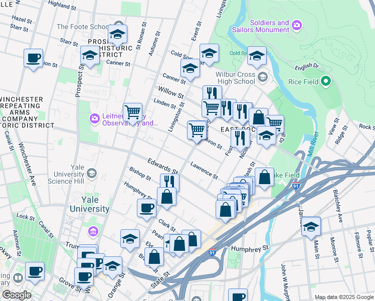 map of restaurants, bars, coffee shops, grocery stores, and more near 685 Orange Street in New Haven
