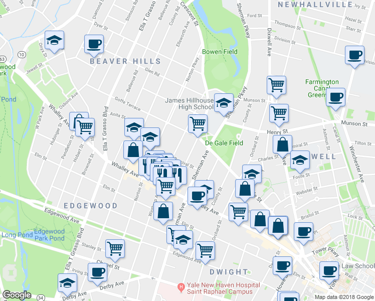 map of restaurants, bars, coffee shops, grocery stores, and more near 67 Carmel Street in New Haven