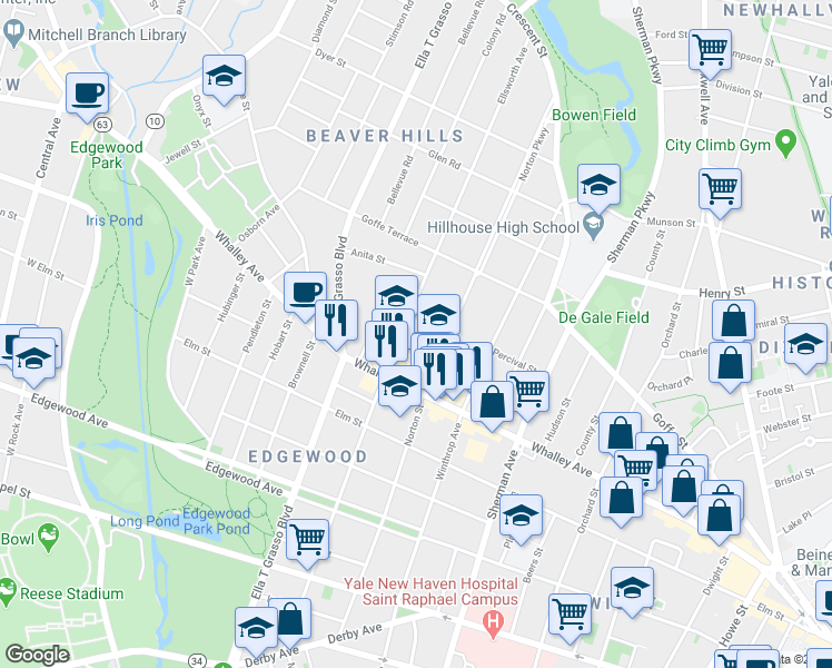 map of restaurants, bars, coffee shops, grocery stores, and more near 333 Ellsworth Avenue in New Haven
