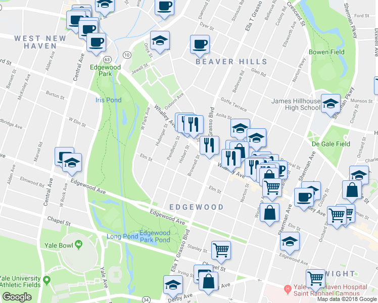 map of restaurants, bars, coffee shops, grocery stores, and more near 112 Brownell Street in New Haven