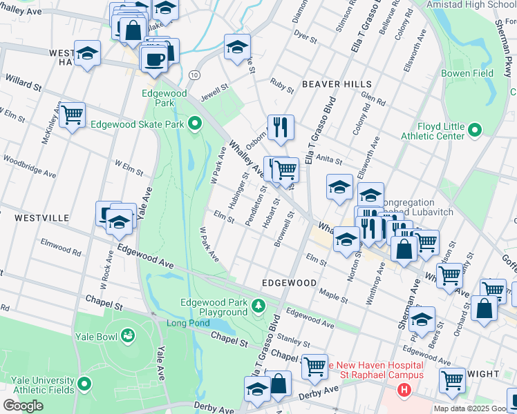 map of restaurants, bars, coffee shops, grocery stores, and more near 97 Pendleton Street in New Haven